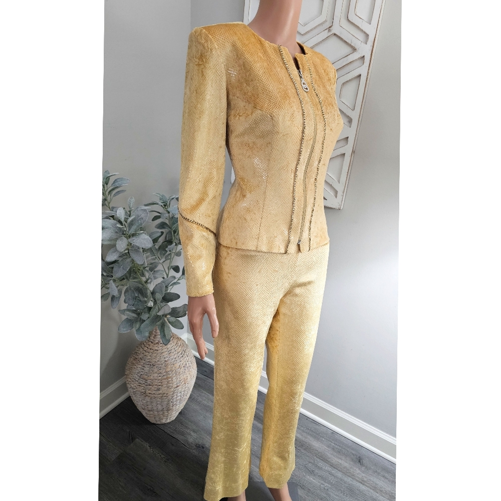 Vintage 80's Janine London Yellow Liquid Snakeskin Beads Pants & Jacket Suit